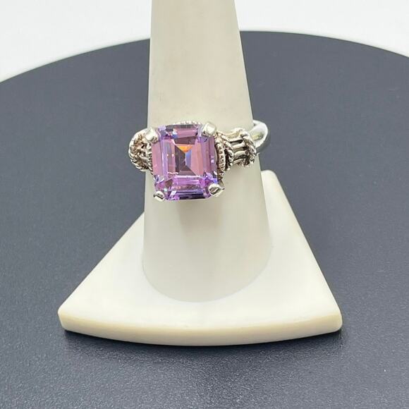Designer 925 Sterling Silver Large Rectangle Cut Purple Blue Prong CZ Ring Sz 9 - Picture 3 of 11